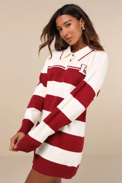 Lulus Stellar Cutie Ivory And Red Striped Collared Sweater Mini Dress