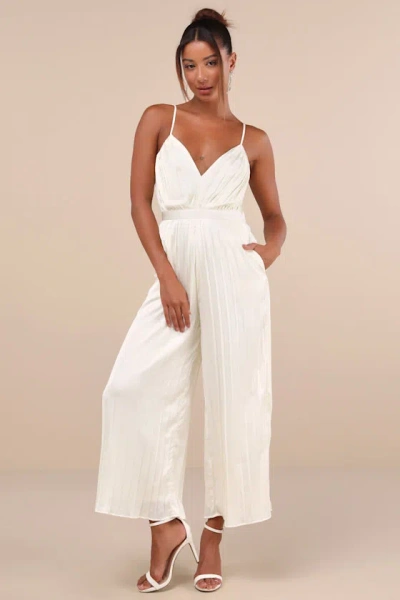 Lulus Stellar Poise Ivory Pleated Satin Wide-leg Jumpsuit