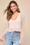 Lulus Stellar Sweetie Blush Pink Pointelle Knit Cropped Cardigan In Blush Pink