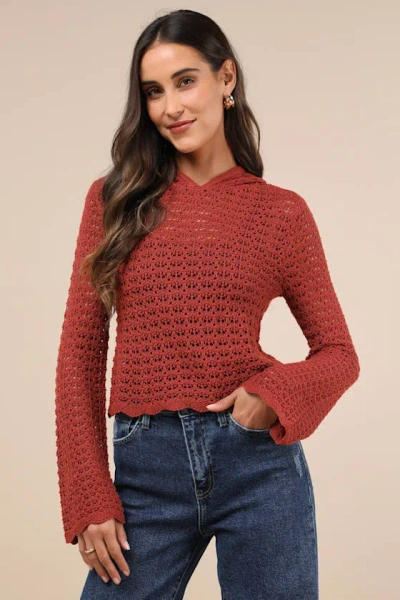 Lulus Stellar Sweetie Rust Pointelle Knit Hooded Sweater Top In Red