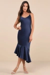 Lulus Strictly Romance Navy Satin Asymmetrical Tiered Midi Dress In Navy