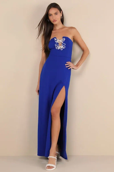 Lulus Striking Aura Royal Blue Pearl Strapless Mermaid Maxi Dress