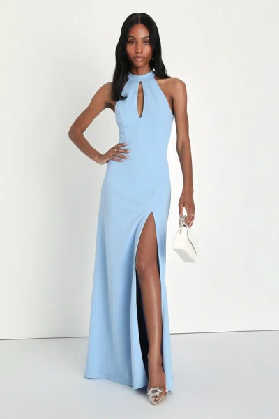 Lulus Striking Elegance Light Blue Bow Backless Halter Maxi Dress