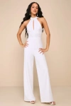 Lulus Striking Elegance White Cutout Backless Halter Jumpsuit In White