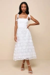 Lulus Effortlessly Sweet White Tulle 3d Floral Tie-strap Midi Dress In White