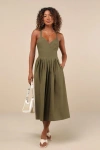Lulus Strolling Sicily Olive Pleated Backless Midi Dress With Pockets In Green