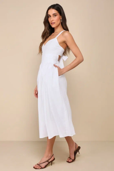 Lulus Strolling Sicily White Pleated Backless Midi Dress With Pockets