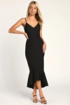 Lulus Stun Like Me Black Bodycon Trumpet Hem Midi Dress In Black