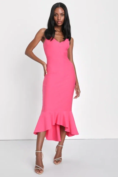 Lulus Stun Like Me Hot Pink Bodycon Trumpet Hem Midi Dress