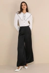Lulus Stunning Chicness Black Satin High-rise Wide-leg Pants In Black