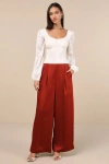Lulus Stunning Chicness Rust Red Satin High-rise Wide-leg Pants In Rust Red