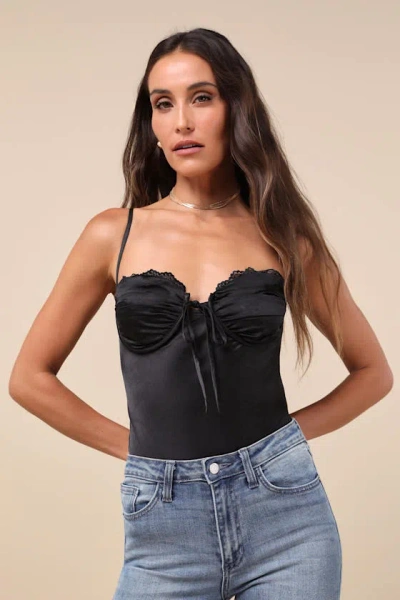 Lulus Stunning Choice Black Satin Tie-front Lace Cami Bodysuit