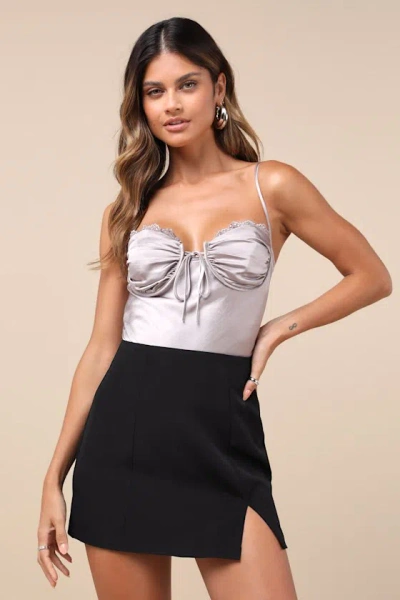 Lulus Stunning Choice Silver Satin Tie-front Lace Cami Bodysuit