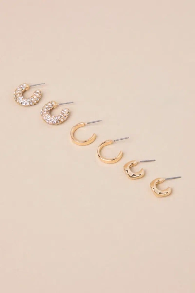Lulus Stunning Collection Gold Rhinestone Hoop Earring Set