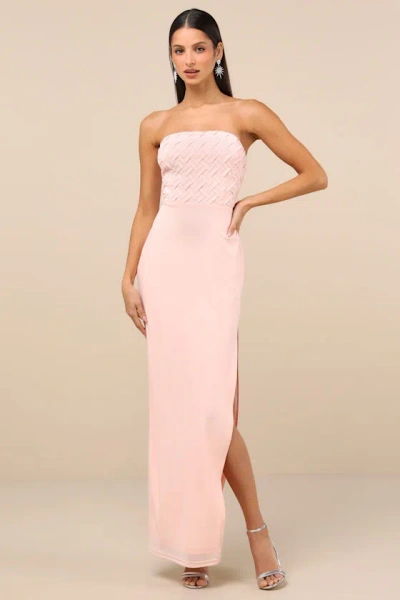 Lulus Stunning Concept Light Pink Mesh Rhinestone Strapless Maxi Dress