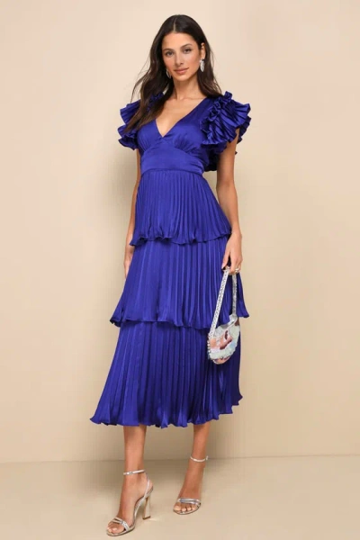 Lulus Stunning Desire Cobalt Blue Satin Pleated Tiered Midi Dress