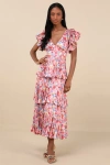 Lulus Stunning Desire Multi Floral Satin Pleated Tiered Midi Dress