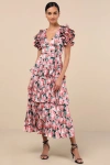 Lulus Stunning Desire Pink Floral Satin Pleated Tiered Midi Dress In Pink