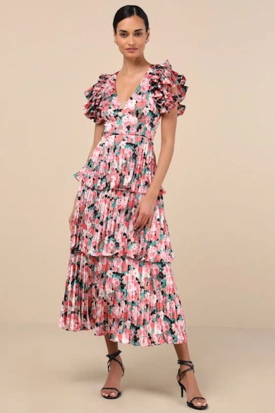Lulus Stunning Desire Pink Floral Satin Pleated Tiered Midi Dress