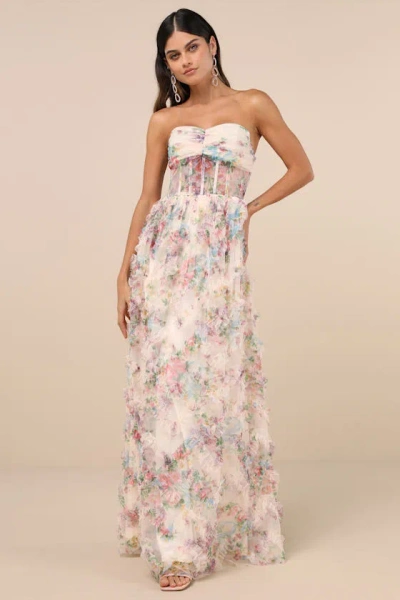 Lulus Stunning Element Cream Floral Mesh Ruffled Strapless Maxi Dress In White
