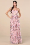 Shop Lulus Stunning Element Pink Floral Mesh Ruffled Strapless Maxi Dress