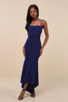 Lulus Stunning Enchantment Navy Backless Trumpet Hem Maxi Dress In Navy
