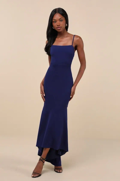 Lulus Stunning Enchantment Navy Backless Trumpet Hem Maxi Dress