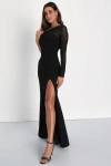 Lulus Stunning Essence Black Mesh One-shoulder Mermaid Maxi Dress In Black
