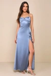 LULUS STUNNING EXAMPLE SLATE BLUE SATIN PLEATED BACKLESS MAXI DRESS