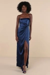 Lulus Stunning Expression Navy Blue Satin Pleated Tulip Maxi Dress In Navy Blue