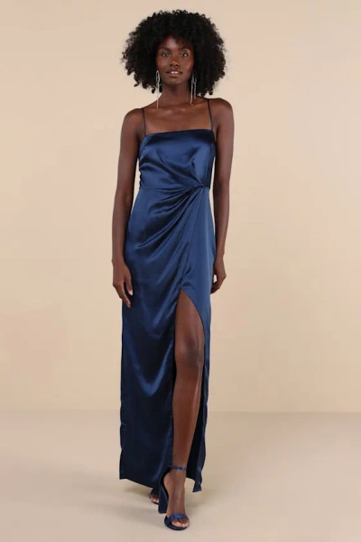 Lulus Stunning Expression Navy Blue Satin Pleated Tulip Maxi Dress