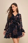 Lulus Stunning Feeling Navy Blue Velvet Floral Burnout Mini Dress In Navy Blue