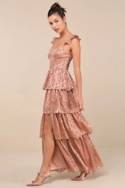 Lulus Stunning Glory Dusty Pink Floral Jacquard Tiered Maxi Dress