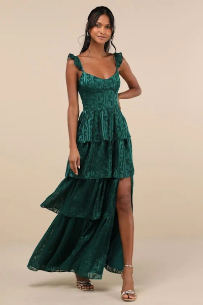 Lulus Stunning Glory Hunter Green Floral Jacquard Tiered Maxi Dress