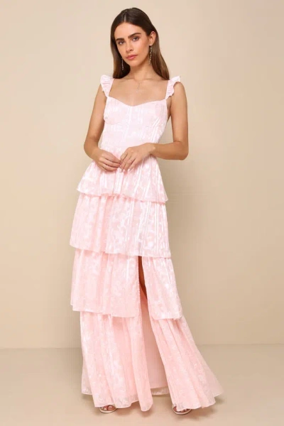 Lulus Stunning Glory Light Pink Floral Jacquard Tiered Maxi Dress