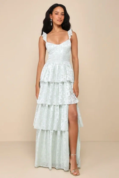 Lulus Stunning Glory Sage Green Floral Jacquard Tiered Maxi Dress