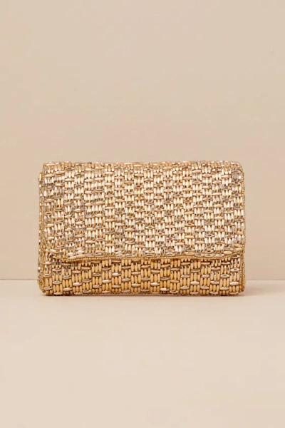 Lulus Stunning Glow Gold Beaded Rectangular Mini Clutch