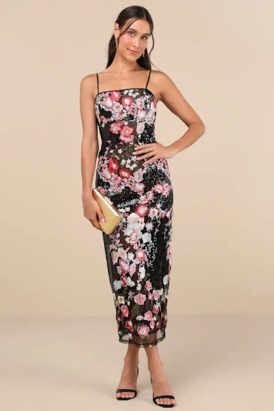 Lulus Stunning Impact Black Sheer Embroidered Floral Sequin Midi Dress