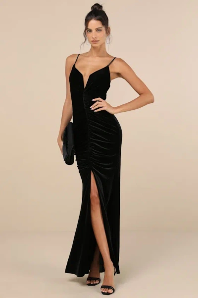 Lulus Stunning Invitation Black Velvet Ruched Sleeveless Maxi Dress