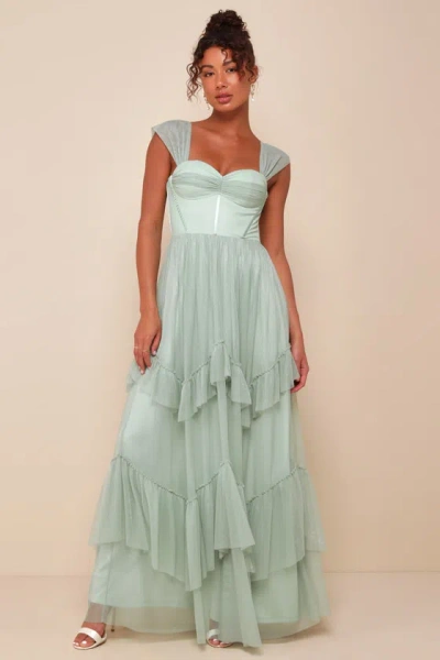 Lulus Stunning Personality Sage Green Mesh Off-the-shoulder Maxi Dress