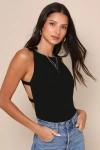 Lulus Stunning Pursuit Black Bow Backless Sleeveless Bodysuit In Black