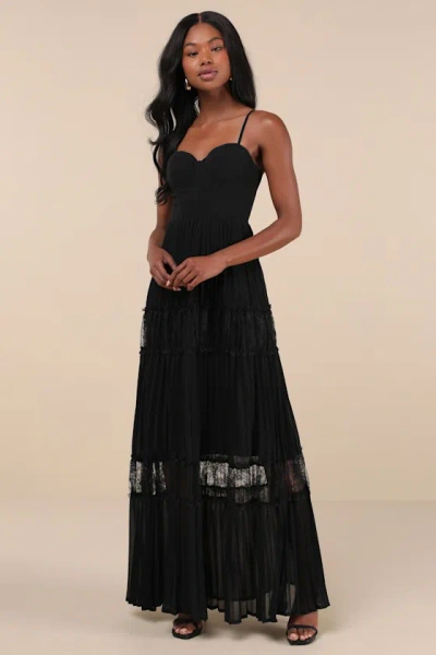 Lulus Stunning Rsvp Black Pleated Lace Sleeveless Bustier Maxi Dress