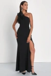 Lulus Stunning Significance Black One-shoulder 3d Ruffled Maxi Dress In Black