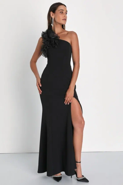 Lulus Stunning Significance Black One-shoulder 3d Ruffled Maxi Dress