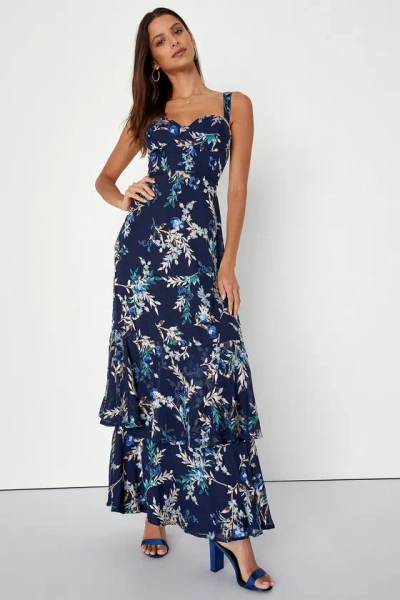 Lulus Stunning Sweetness Navy Blue Floral Burnout Maxi Dress