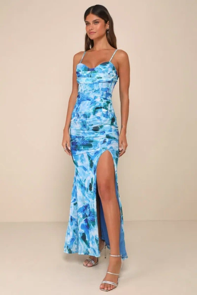 Lulus Stunning Wonder Blue Floral Mesh Bustier Mermaid Maxi Dress