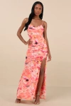 Lulus Stunning Wonder Orange Floral Mesh Bustier Mermaid Maxi Dress In Orange