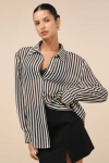 Lulus Styled Perfection Cream And Black Striped Button-up Collared Top In Black