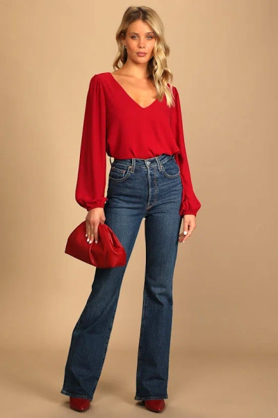 Lulus Stylish And Sincere Berry Red Long Sleeve V-neck Top