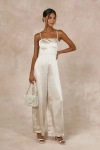 Lulus Stylish Brilliance Champagne Satin Sleeveless Wide-leg Jumpsuit In Champagne